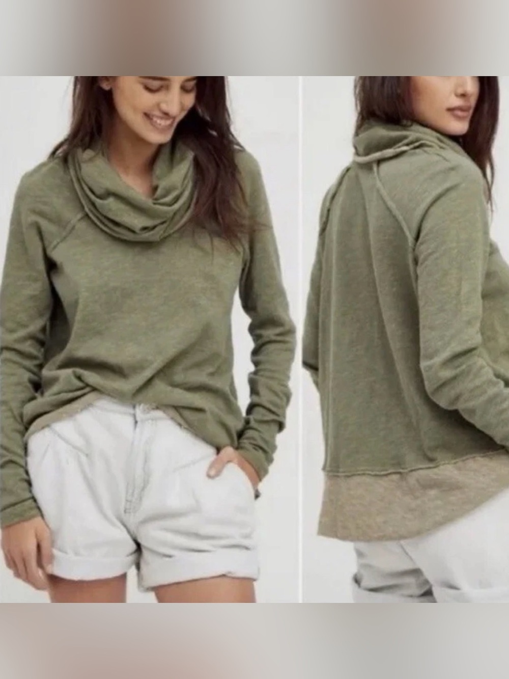 Free People Beach Cowell Neck Green Long Sleeve Top Medium‎ Loungewear Cozy